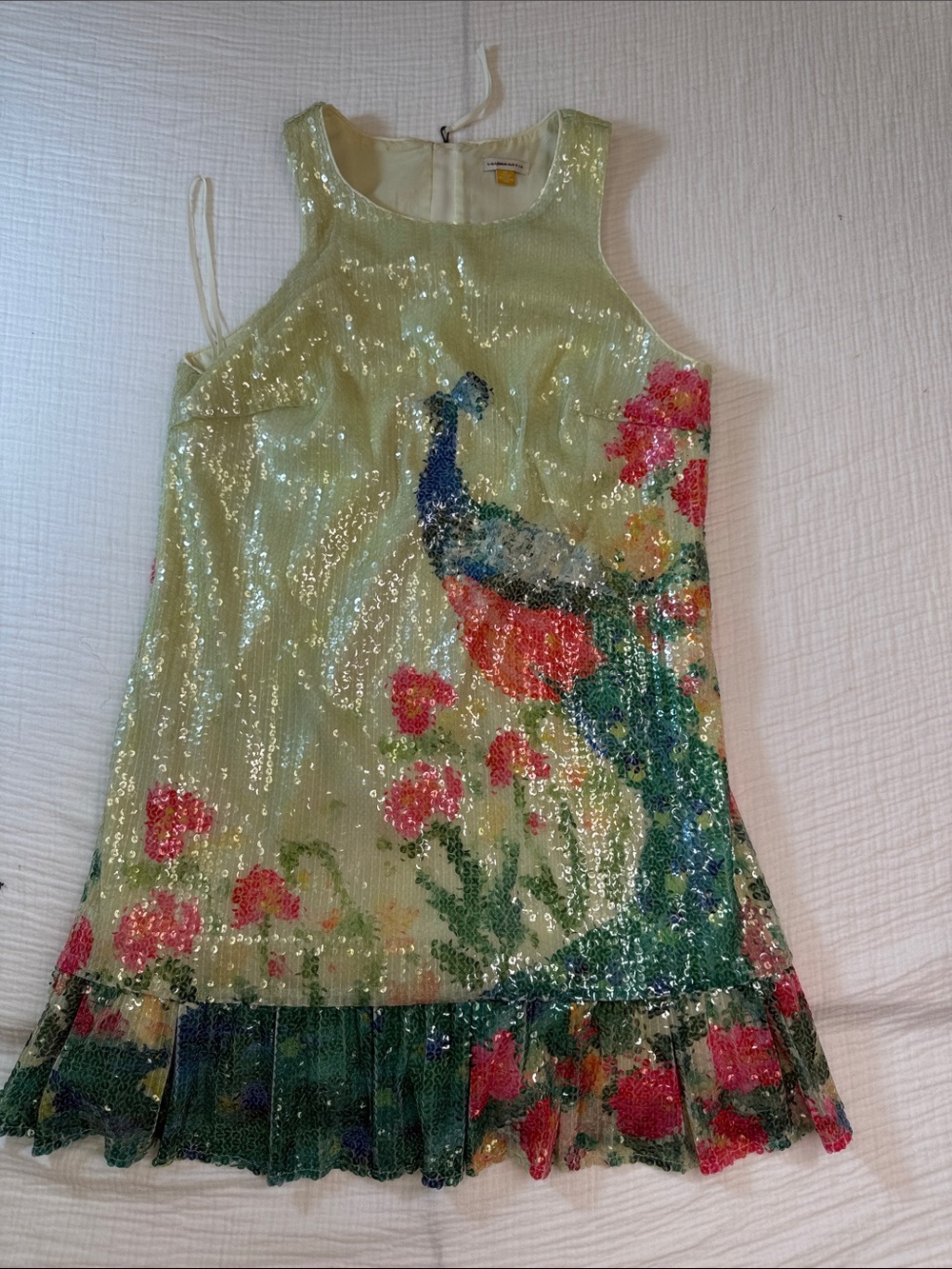 NWOT Anthropologie Sequin Peacock Floral Dress in Light Green, Pink, Blue